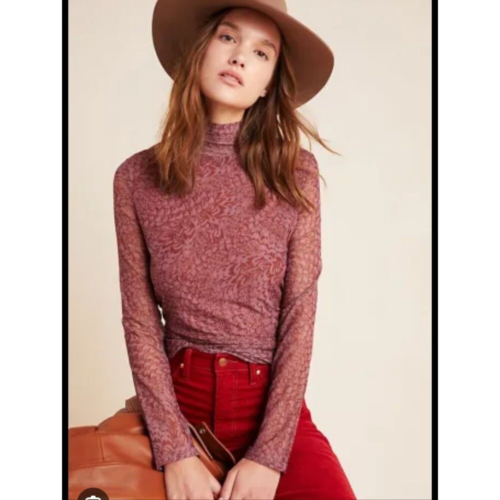 Anthropologie Semi Sheer Mesh Knit Mauve Patterned Long Sleeve Turtleneck Top M